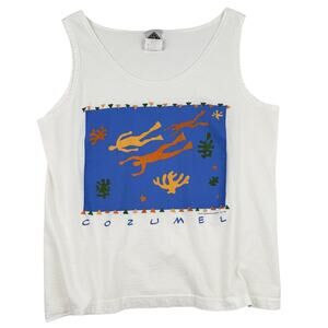 Bye-Bye Cozumel Graphic Tank Top White Cotton Vintage 90s Summer Souvenir Medium